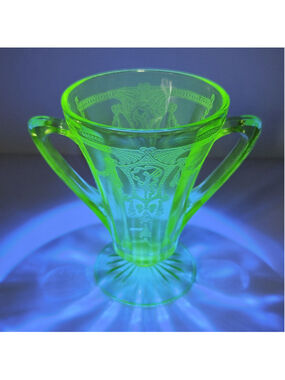 Uranium Depression Glass Vase 2 Handle Green UV Reactive Geiger Tested USA
